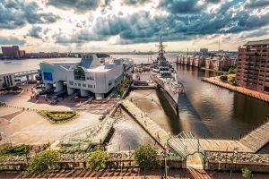 Aerial Photo of Nauticus Museum and the USS Wisconsin