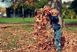 kid throwing fall leaves